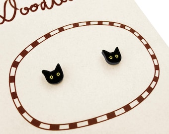 Tiny Black Cat Stud Earrings, Black Cat Lover Gift, Halloween Earrings, Witch Jewelry, Hypoallergenic Earrings, Minimalist Cat, Plastic