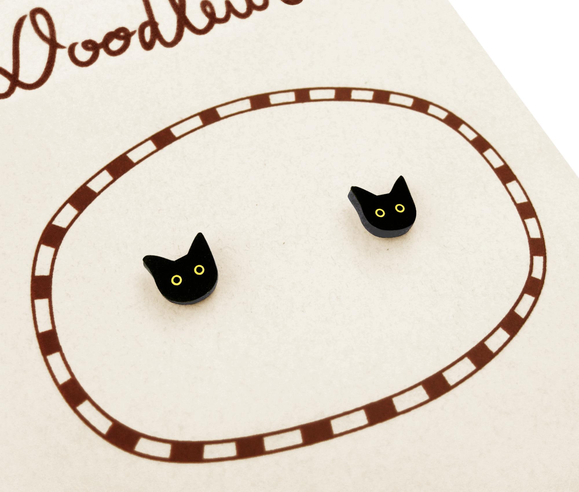 Tiny Black Cat Stud Earrings, Handmade Halloween Witch Jewelry, Hypoallergenic, Shrink Plastic Jewellery
