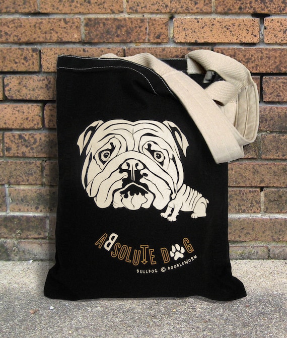 White Bulldog Black Canvas Tote Bag, Silkscreen Printed Dog Design, Bulldog Lover Gift, Dog Trip Tote, Back to School Dog Tote