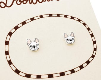 Tiny White French Bulldog Stud Earrings, Frenchie Lover Gift, Hypoallergenic, Handmade Shrink Plastic Dog Jewelry