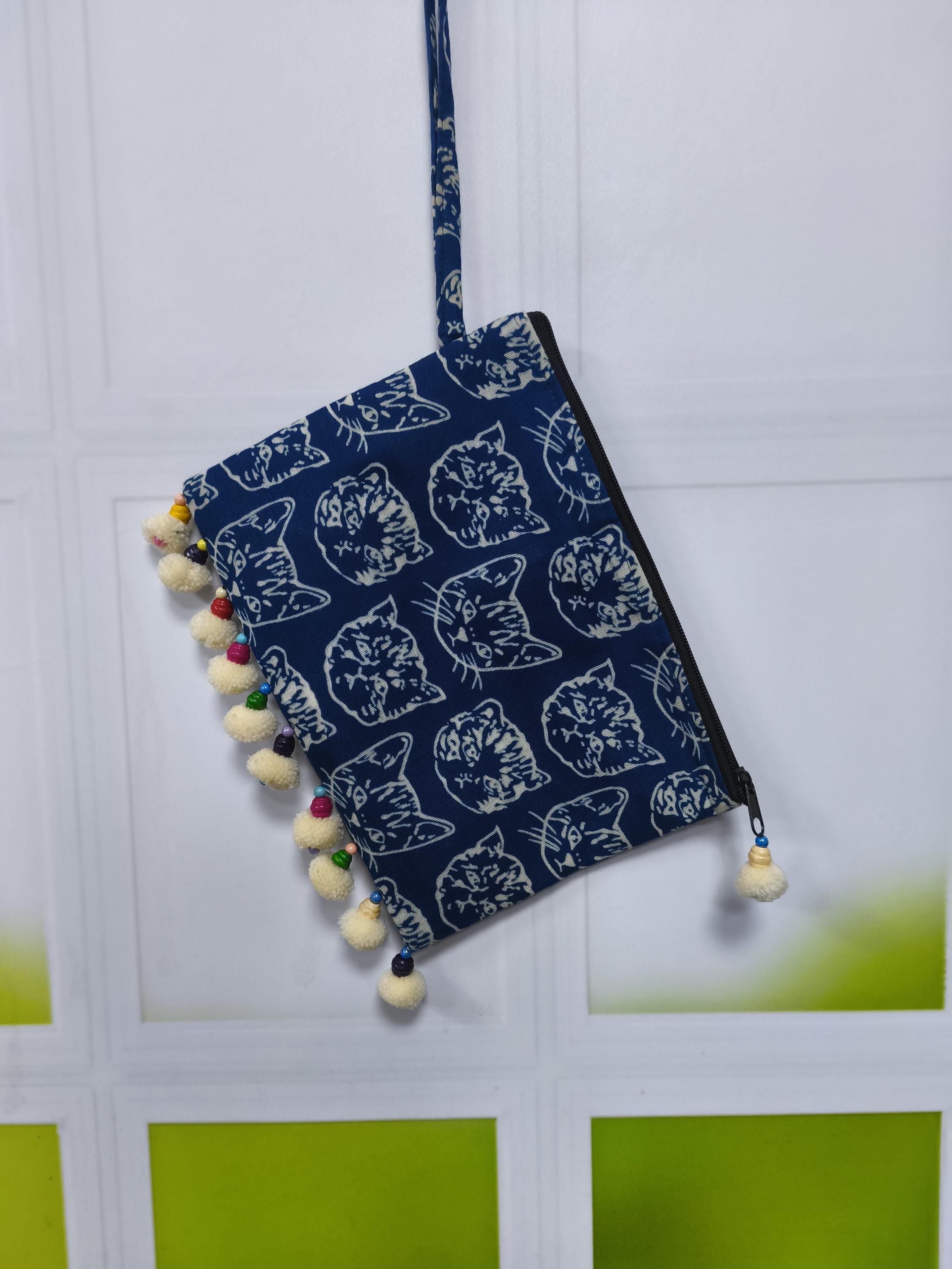 Thailand Chiang Mai cat bag handmade bag indigo dyeing bag  indigo bag  tassel bag Clutch coin purse Mobile phone bag