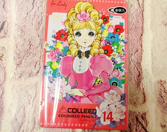 Vintage jolie boîte de crayons de couleur rare en métal du japon Colleen Macoto Takahashi shoujo girls avec lot de 14 crayons de couleur Colleen高橋真琴