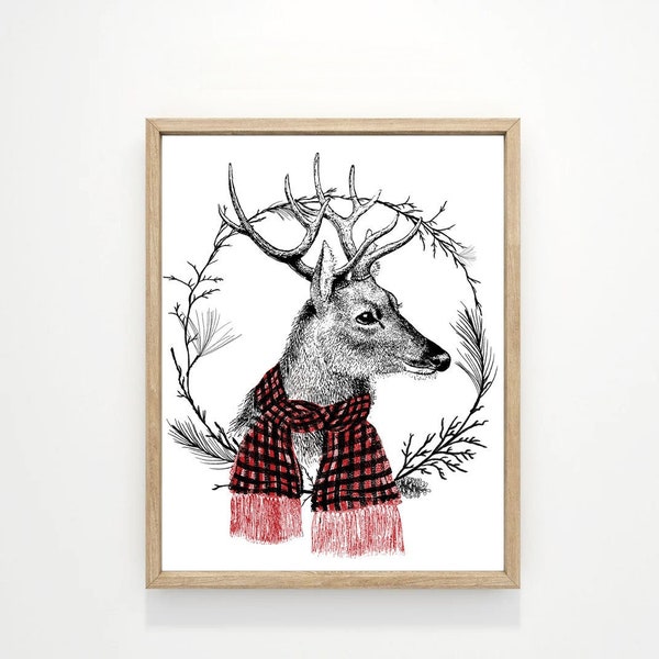 Reindeer Red Scarf Wreath Illustration Wall Decor | Christmas Art Winter Pictures | Print, Framed Print or Wrapped Gallery Canvas Sign