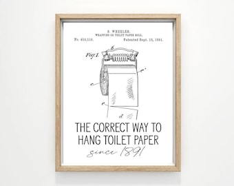 Könnte beinhalten: Eine Schwarzweißillustration eines Toilettenpapierrollenhalters mit dem Text "The Correct Way to Hang Toilet Paper since 1891".