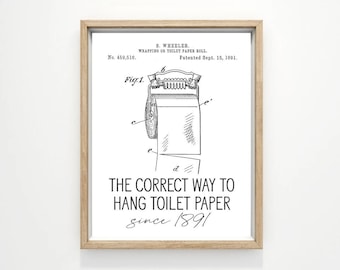 The Correct Way To Hang Toilet Paper Funny Bathroom Wall Art, Humor Since 1891 Patent Kids Guest Decor | Print, Framed Print or Canvas Sign