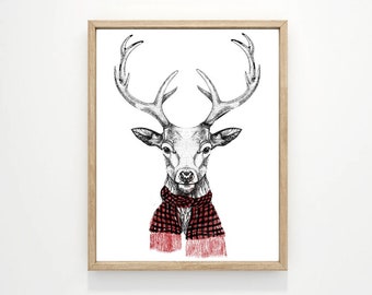 Reindeer Scarf Christmas Art Print Sign Framed | Winter Wall Decor