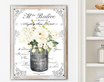 French Floral Bathroom Wall Art | Parisian Farmhouse Black Mason White Bouquet