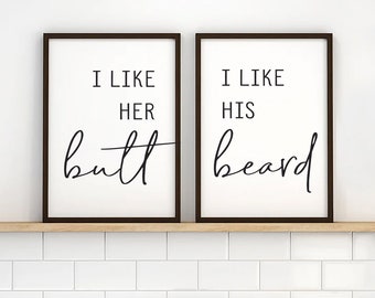Funny Bathroom Wall Art Set | His Beard, Her Butt Prints, Framed Prints, Canvas Signs