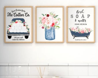 Navy Blue Floral Bathroom Wall Art Set | Farmhouse Prints, Signs or Framed