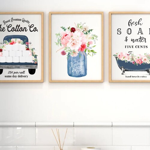 Set of 3 Navy Blue Wild Garden Bathroom Wall Art Bathroom Etsy