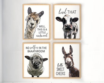 Set of 4 Custom Bathroom Art: Llama, Cow, Sheep & Donkey | Bathroom Wall Decor | Farmhouse Bathroom Decor | Funny Art | Bathroom Signs