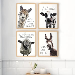 Set of 4 Funny Bathroom Art Llama Cow Sheep Donkey Bathroom Wall Decor | Farmhouse Bathroom Animals Humor | Print, Framed Print, Canvas Sign