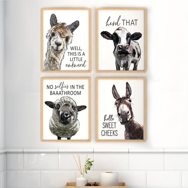 Set of 4 Funny Bathroom Art Llama Cow Sheep Donkey Bathroom Wall Decor | Farmhouse Bathroom Animals Humor | Print, Framed Print, Canvas Sign