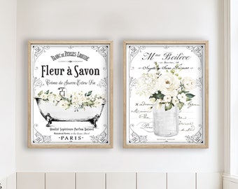 Franse bloemen badkamer muurkunst set, Parijse boerderij decor wit