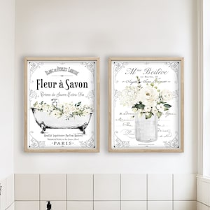 Set of 2 White Floral French Bathroom Wall Art | French Bathroom Wall Decor | Paris Parisian Farmhouse | Print, Framed Print or Canvas Sign