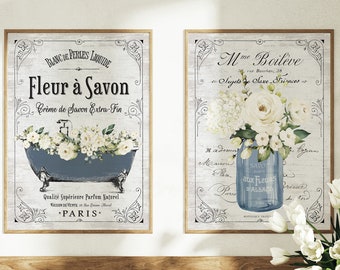 Set of 2 Navy Floral French Bathroom Wall Art | French Bathroom Wall Decor | Paris Parisian Farmhouse | Print, Framed Print or Canvas Sign