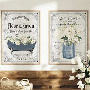 Set of 2 Navy Floral French Bathroom Wall Art French Bathroom Wall Decor Paris Parisian Farmhouse Print, Framed Print or Canvas Sign image 1