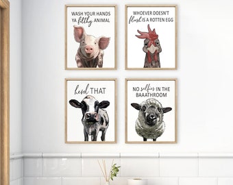Farmhouse Animal Bathroom Wall Art Set | Cow, Sheep, Pig, Chicken Prints