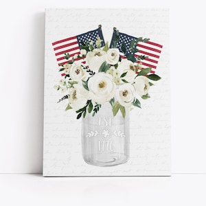 Amerikanisches weißes Blumenstrauß-Einmachglas Est. 1776 Vaterländische Wanddekoration | Sommer Kunst | 4.Juli | Druck, gerahmter Druck oder Canvas Sign