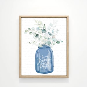 Eucalyptus Bouquet Navy Mason Jar Bathroom or Kitchen Wall Art, Green Blue Flower Floral Bath Room Decor | Print, Framed Print, Canvas Sign