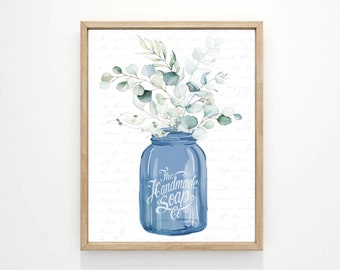 Eucalyptusboeket marineblauwe glazen pot badkamer of keuken muurkunst, groen blauwe bloem bloemen badkamer decor | Afdruk, Ingelijste afdruk, Canvasteken