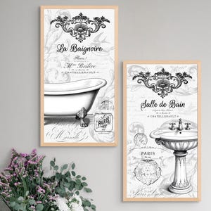 French Bathroom Wall Art Set of 2, Chic Vintage French Bathroom Wall Decor Sign, La Baignoire Print, Salle De Bain, Paris Parisian Cottage
