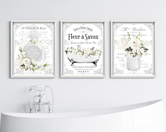 Franse bloemen badkamer muurkunst: Parijse muurdecoratie, set van 3