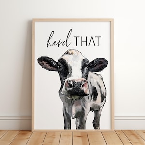 Herd That Cow Illustration Funny Bathroom Wall Art Decor | Heard That Farmhouse Bathroom Wall Decor | Print, Framed Print or Canvas Sign