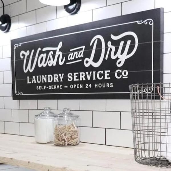 Wash and Dry Laundry Co Canvas Sign | Farmhouse Laundry Room Decor | Housewarming Gift