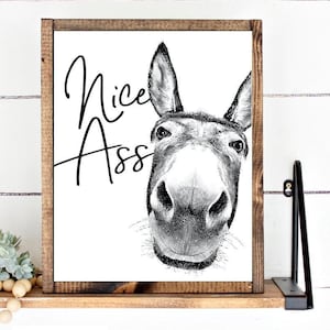 Funny Donkey Bathroom Wall Art, Nice Ass Toilet Humor Print, Framed Print, Canvas Sign