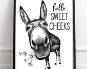Hello Sweet Cheeks Donkey Full Body Daisies Print - (no frame) 4 Backgrounds - Butt Ass Half Bath Funny Sign Decor Vintage