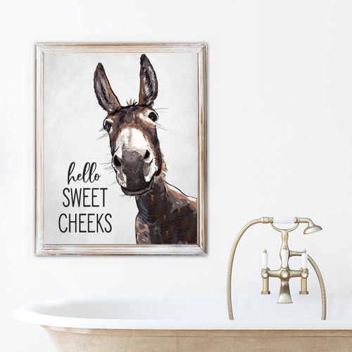 Hello Sweet Cheeks Watercolor Donkey Custom Bathroom Art Etsy