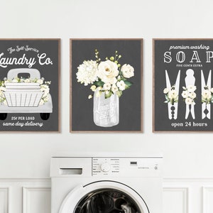Laundry Wall Decor | Laundry Co Truck Clothespin WHITE Set of 3 | Chic Vintage Farmhouse Laundry Room Art | Print, Framed Print, Canvas Sign