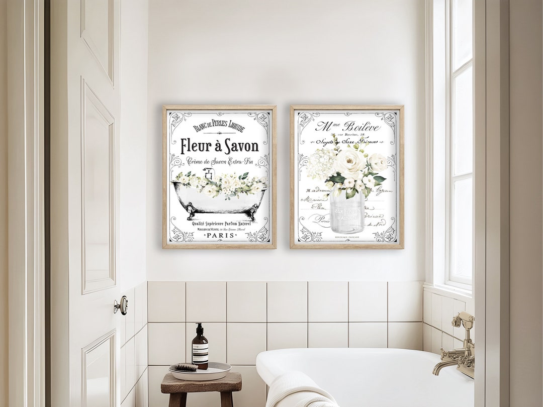 Set of 2 White Floral French Bathroom Wall Art | French Bathroom Wall ...