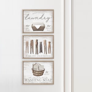 Laundry Wall Decor Art | Laundry Basket Clothespins Washing Soap Set of 3 | Farmhouse Laundry Room | Print, Framed Print or Canvas Sign