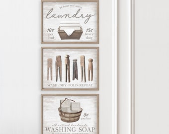 Set of 3 Laundry Basket Clothespins Washing Soap Wall Decor | Laundry Wall Art | Laundry Sign  | Print, Framed Print or Canvas Sign