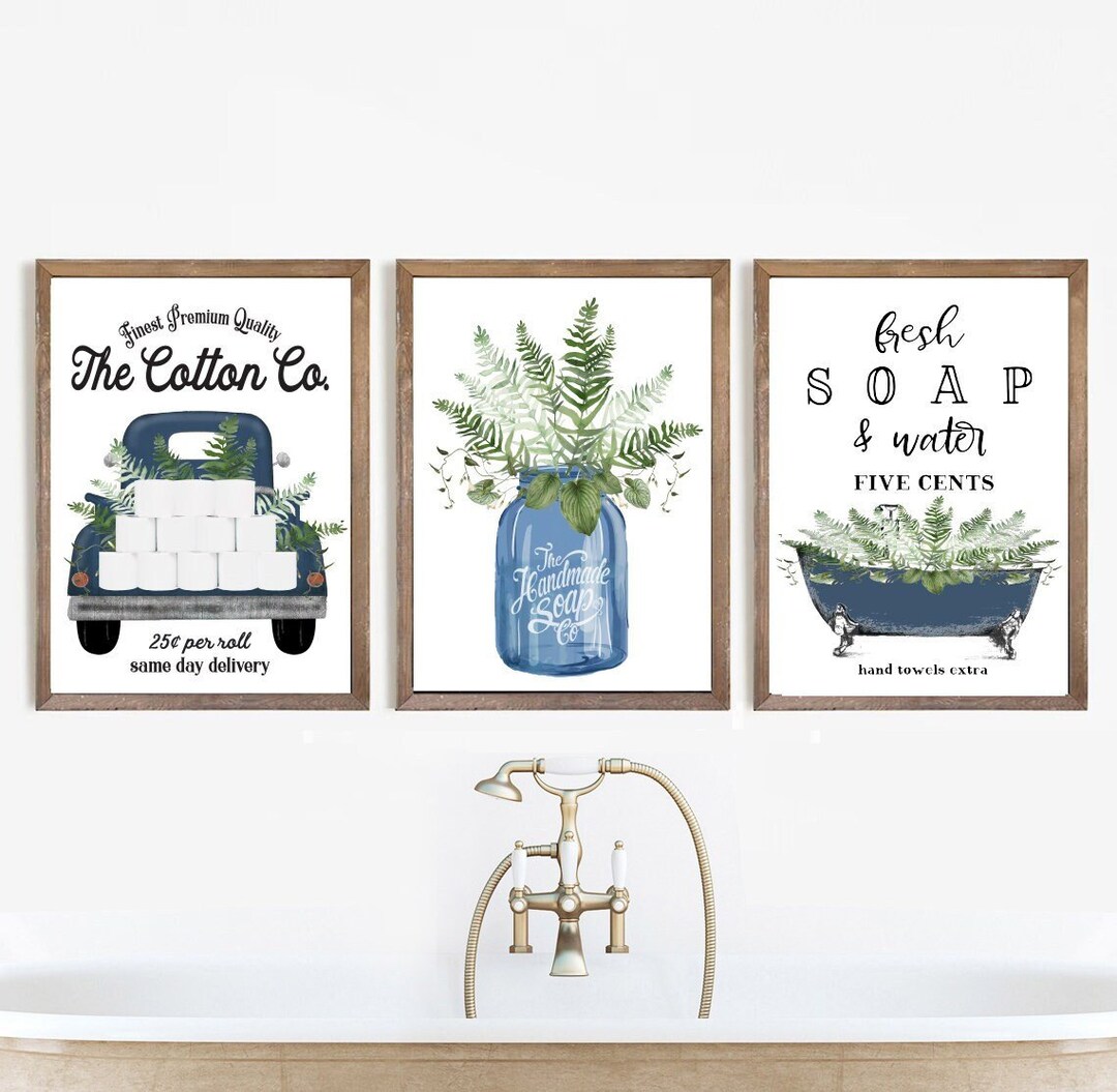 Set of 3 Navy Greenery Bathroom Wall Art Cotton Co Bathroom Wall Decor