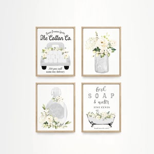 Set of 4 White Floral Bathroom Wall Art Cotton Co Bathroom Wall Decor | Farmhouse Bathroom Decor | Print, Framed Print or Canvas Sign