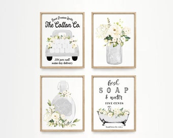White Floral Bathroom Wall Art: Farmhouse Cotton Co. Prints, Framed Prints or Canvas Signs