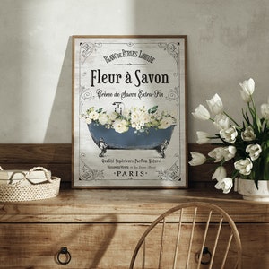 Set of 2 Navy Floral French Bathroom Wall Art French Bathroom Wall Decor Paris Parisian Farmhouse Print, Framed Print or Canvas Sign image 3