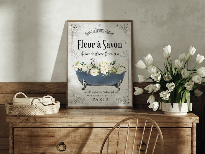 Set of 2 Navy Floral French Bathroom Wall Art French Bathroom Wall Decor Paris Parisian Farmhouse Print, Framed Print or Canvas Sign image 3