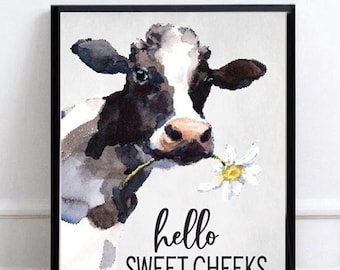 Hello Sweet Cheeks Cow Daisy Funny Bathroom Wall Art | Modern Farmhouse Bathroom Wall Decor | Print, Framed Print or Canvas Sign