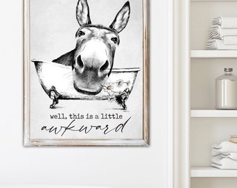 Well This Is A Little Awkward Donkey Daisies Bathtub Bathroom Art, Funny Animal Humor Bath Room Decor | Print, Framed Print, Canvas Sign