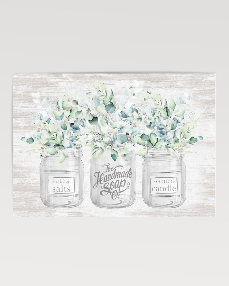 Bathroom Wall Decor Art Eucalyptus Trio Bouquets White Mason Jars Blue