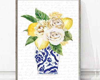 Blue White Vase Lemon Bouquet Kitchen Wall Decor | Kitchen Dining Room Art | Available as Print, Framed Print or Wrapped Gallery Canvas Sign