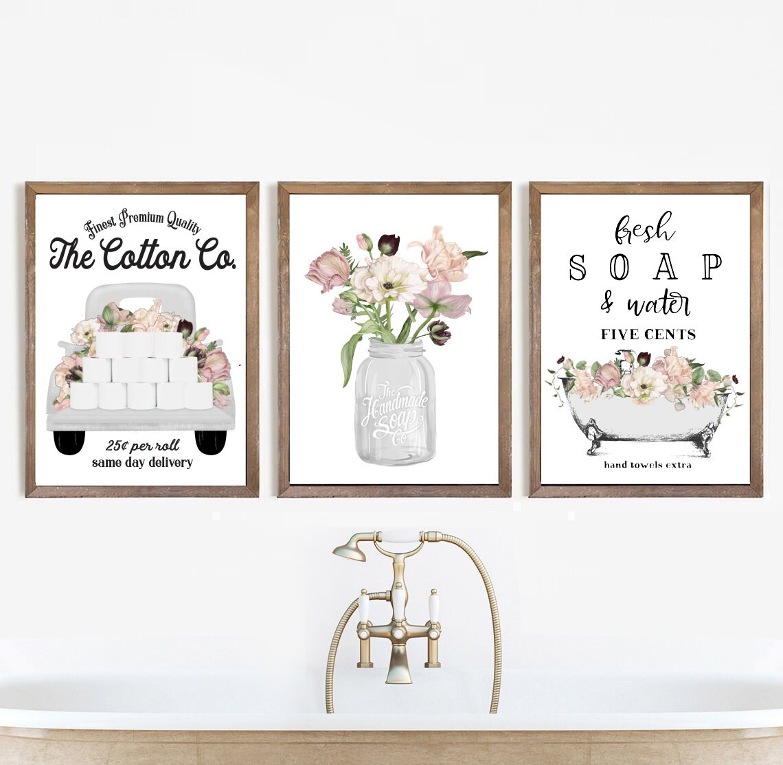 Set of 3 White With Soft Floral Bathroom Wall Art: the Cotton | Etsy