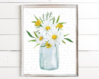 Daisy Wildflower Bouquet Bathroom Wall Art, Blue Ball Jar Wall Decor | Yellow Green Turquoise Farmhouse | Print, Framed Print or Canvas Sign