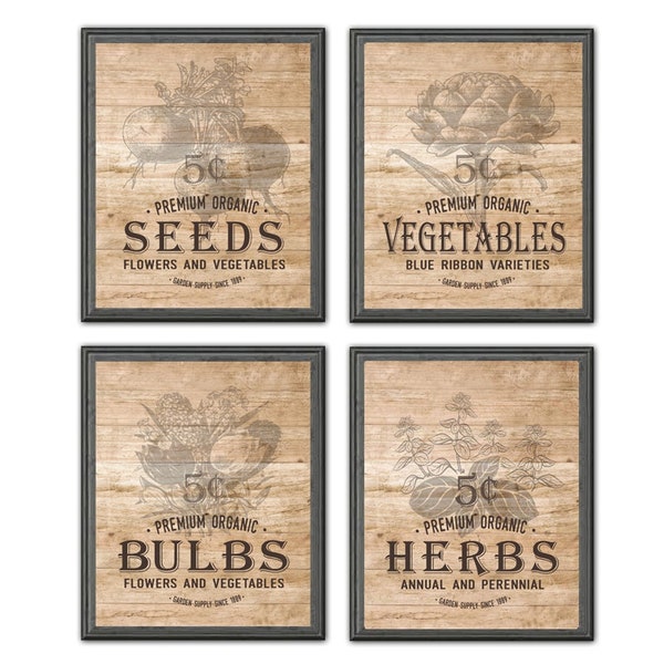 Set of 4 Vintage Seed Packet Wall Decor | Kitchen Dining Pantry Art | Available as Print, Framed Print or Wrapped Gallery Canvas Sign