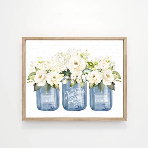 Bathroom Wall Art Custom Decor, Navy Blue White Floral Bouquet Trio White Jars Sign, Relax Soak Unwind Print Framing Wall Hanging Handmade