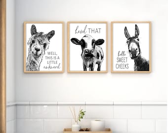 Set of 3 Custom Bathroom Art: Black and White Llama, Cow, & Donkey | Bathroom Wall Decor | Farmhouse Bathroom Decor | Vintage Wall Signs